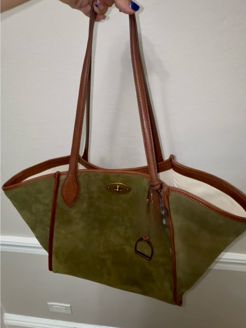 margot Olive Green Suede Tote with Tan Trim